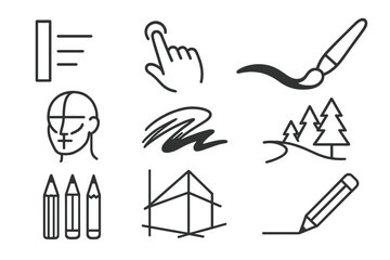 Line Style Drawing Icons. Line style icons of drawing: line weight guide, stylus gesture icon, brush stroke dynamics, face