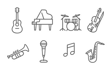 Fototapeta premium Music Instrument Icons. Line style icons of music and instruments: acoustic guitar, grand piano, drum set, violin and bow, trumpet