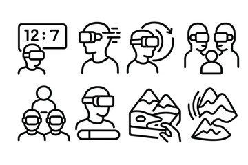 Obraz premium VR Game Icons. Line style icons of VR games: virtual scoreboard, VR motion blur icon, time slow effect, multiplayer voice chat in