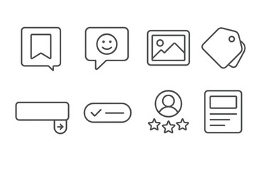 Forum Icons Collection. Line style icons of forums: bookmark thread icon, message reaction emoji, inline image icon, forum tag