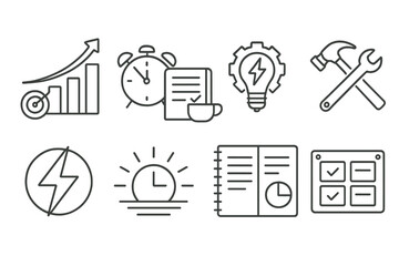 Productivity Icons Set. Line style icons of productivity: goal streak chart, morning planning ritual, smart effort icon, effective