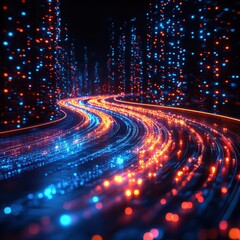 A digital highway of data flows rapidly across a futuristic road, symbolizing the agile digital transformation driven by disruptive innovation and generative AI. The fast speed transfer conveys 