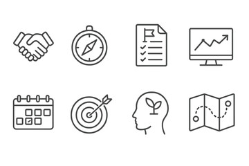 Goal Icon Set. Line style icons of goals: commitment icon, goal direction compass, action plan page, performance monitor, weekly