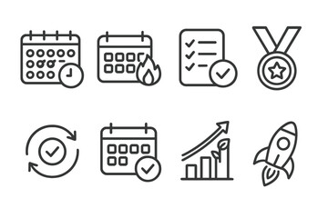 Motivation Icons Collection. Line style icons of motivation themes: visual tracker, calendar streak, daily tick, habit score,