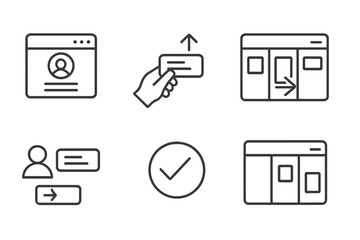 Remote Work Icons. Line style icons of remote work: task manager, drag task, move card, kanban list, assign icon, task status,