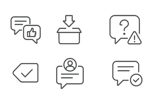 Online Forum Icons. Line style icons of online forums: feedback thread, suggestion box, question post, problem report, resolved