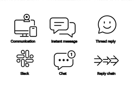 Remote Work Icons. Line style icons of remote work: communication tools, instant message, thread reply, emoji comment, slack app,