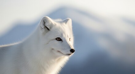Arctic Fox Portrait: White Fur Against Bright Winter Mountain Sky