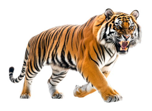 Fierce tiger stalking prey in the wild animal portrait nature wildlife concept isolated on transparent background