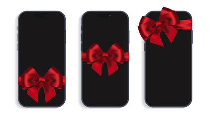 Gift Smartphone with Red Ribbon and Bow – Black Mobile Phone Isolated on White Background | Vector Illustration