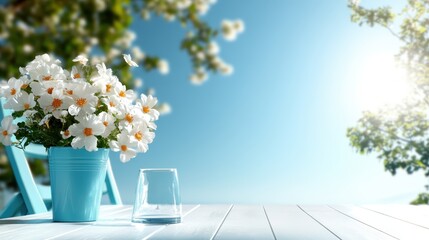 A beautiful arrangement of vibrant flowers in a blue pot, placed on a wooden table, basking in sunlight while surrounded by a lush, green outdoor setting, promoting positivity.