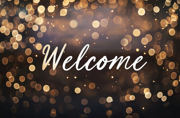 Blurred bokeh background featuring the word ‘Welcome’ in cursive, creating an elegant and warm atmosphere perfect for greeting guests or enhancing visually stunning designs