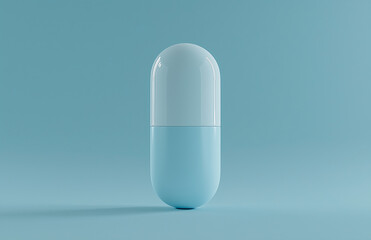 3D render of a white and blue capsule floating on a light blue pastel background. Minimalistic close-up with soft lighting, volumetric effects, and high-resolution, detailed Octane rendering