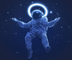 Digital vector art of an astronaut floating in space with glowing stars on a dark blue background. Minimalistic, high-contrast shading, glowing halo, cinematic lighting, centered and symmetrical