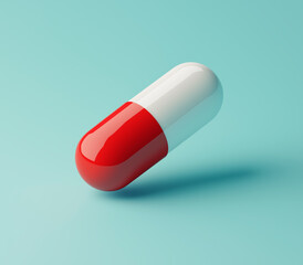 Isometric render of a red and white pill floating against a minimalistic light blue background. High-resolution, cinematic, hyper-realistic with soft lighting and detailed textures