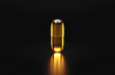A single yellow transparent capsule on a black background with glowing highlights and reflections. Centered and elegant, it suggests a luxury health product with a golden internal glow
