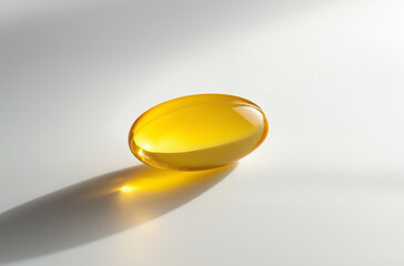 photo of a yellow pill capsule on a white background with soft shadows and low contrast. Clean, sharp-focus digital image featuring color grading and minimalistic style