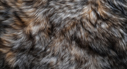 Top view flat lay close-up of natural fur texture in gray and brown tones, resembling animal skin or wolf hair. Ideal as a soft, organic background for nature-inspired design projects