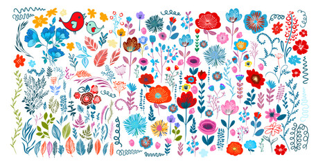 Set of different colored vector flowers . hand drawn. Not AI, Vector illustration.
