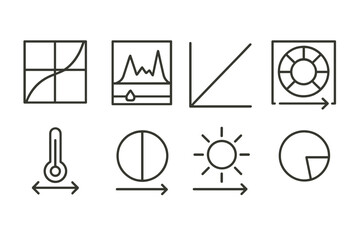 Adjustment Layer Icons. Line style icons for adjustment layers: curves, levels, exposure, hue/saturation, temperature, shadows,