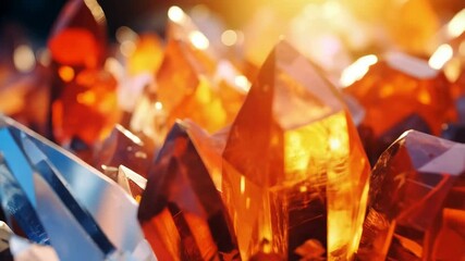 Close up of colorful shiny crystals with light effect, red, orange, blue tones, sharp edges, and geometric facets reflecting light.