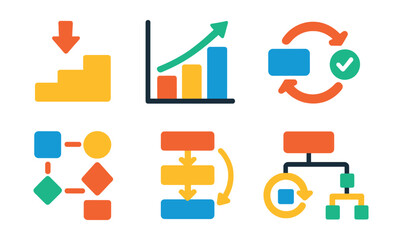 Flat vector icons of workflow optimization: reduced steps diagram, process improvement chart, streamlined operations badge, automation trigger icon, simplified task flow, lean method icon, optimized
