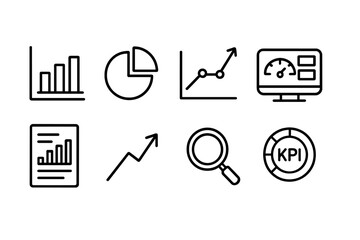 Analytics Icon Set. Line style icons for analytics: bar chart, pie chart, line graph, dashboard, report, trend arrow, magnifying