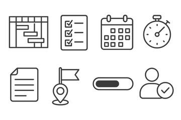 Project Management Icons. Line style icons for project management: gantt chart, checklist, calendar, timer, notes, milestone,
