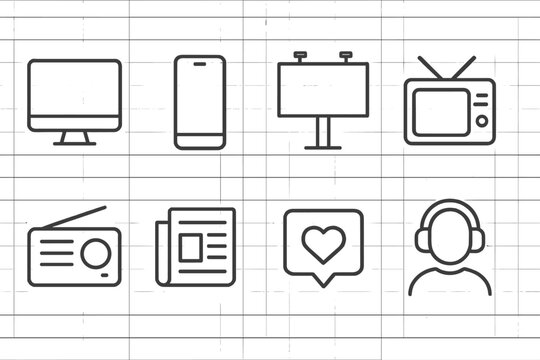Advertising Platforms Icons. Line style icons for advertising platforms: computer, smartphone, billboard, TV, radio, newspaper,