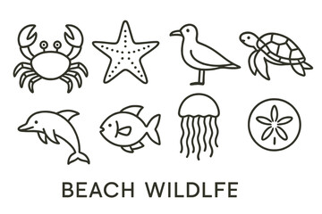 Obraz premium Beach Wildlife Icons. Line style icons of beach wildlife: crab, starfish, seagull, turtle, dolphin, fish, jellyfish, sand dollar.