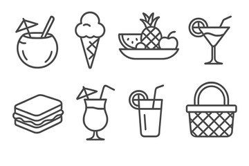 Beach Food Icons. Line style icons of beach food and drinks: coconut drink, ice cream cone, fruit platter, cocktail, sandwich,