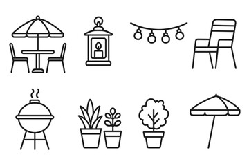 Outdoor Dining Icons. Line style icons of outdoor dining: patio table, umbrella, lantern, garden chair, string lights, barbecue