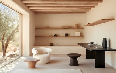 Clean minimalist home office with Scandinavian style, neutral beige walls, black desk, wooden shelves, and a cozy seating area for work or relaxation