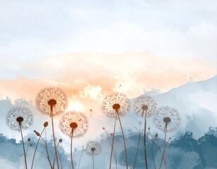 Dmuchawce. Obraz akwarelowy, minimalistyczna, prosta grafika. 