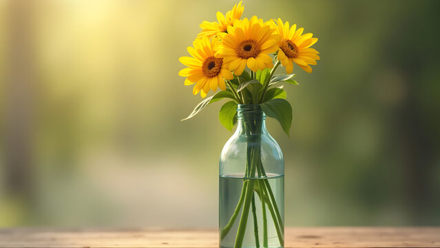 a bottle with yellow flowers sitting on a wooden table