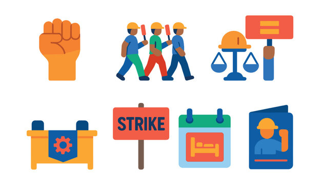 Flat vector icons of labor protest and awareness: raised fist icon, labor march line, fairness scale with hard hat, equal pay protester, labor union table, strike signboard, right to rest calendar,