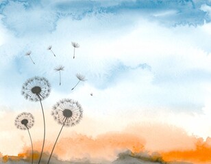 Dandelions. Watercolor painting, minimalist, simple graphics.