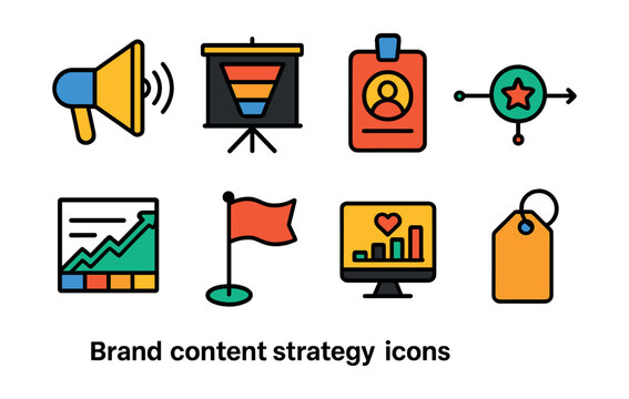 Flat vector icons of brand content strategy: brand voice icon, marketing funnel board, audience persona badge, storytelling timeline, message consistency chart, campaign launch flag, engagement KPI
