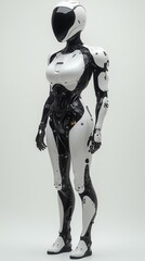 A full-body, three-quarter view of a cybernetic female model, boasting a sleek white and black design with visible mechanical intricacies, standing gracefully against a plain white background