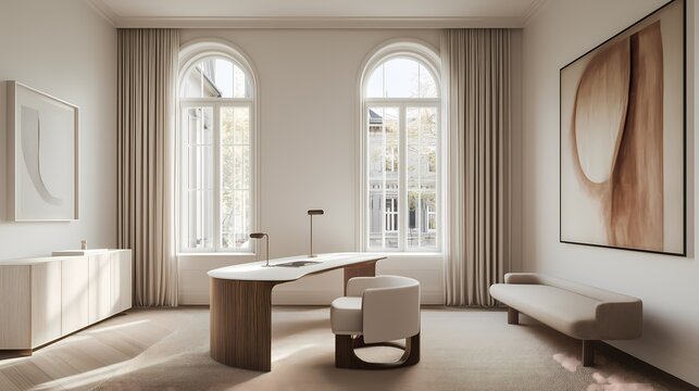 Clean minimalist home office with Scandinavian style, neutral beige walls, black desk, wooden shelves, and a cozy seating area for work or relaxation