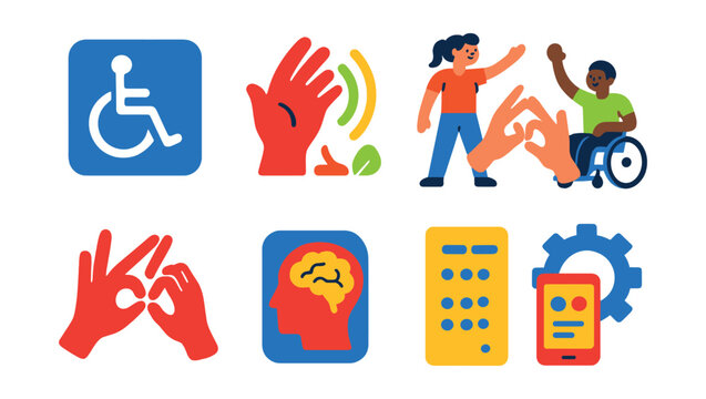 Flat vector icons of adaptive and inclusive training: wheelchair accessible badge, sensory-friendly environment icon, inclusive fitness class, sign language training symbol, cognitive support file,
