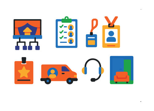 Flat vector icons of conference and event logistics: stage setup diagram, speaker schedule planner, event registration badge, seating layout grid, backstage access card, speaker transport van, tech