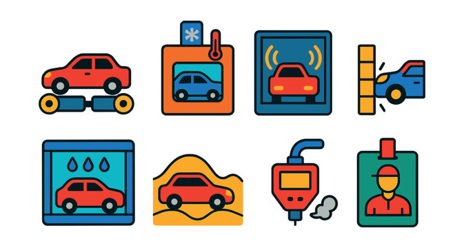 Flat vector icons of vehicle testing facilities: roller dynamometer icon, climate chamber test box, noise vibration harshness (NVH) booth, impact crash wall, water leak test room, vehicle durability
