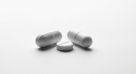 White medicine pills and tablet on bright background. Pharmaceutical drug capsules for treatment. Healthcare and medical concept.