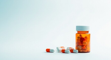 A brown pill bottle full of medication pills on a light background with orange and white capsules scattered near the bottle.