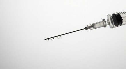 Transparent medical syringe with a sharp needle and liquid drops on a white background. Concept of vaccination, injection, and healthcare.