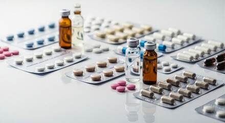Various pills, tablets, and medical vials arranged on white surface. Healthcare concept for medication and treatment.