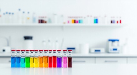 Vials with colorful liquid on a white laboratory table. Chemical reagent in glass bottles. Science research and lab test concept.