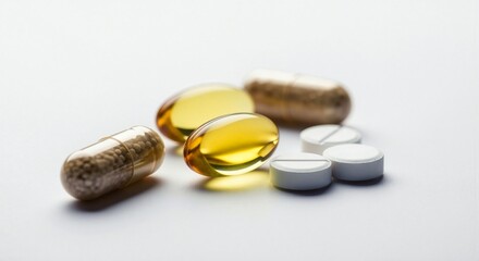Various medicine pills and capsules on a white surface, showcasing pharmaceutical products and health supplements for wellness.