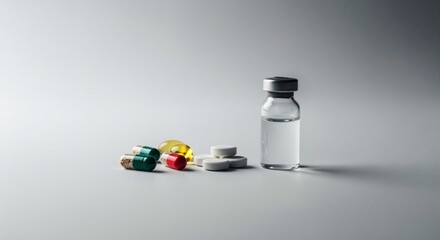Medical vial with white tablets and colorful capsules on a sterile surface. Medicine and healthcare concept for pharmacy.